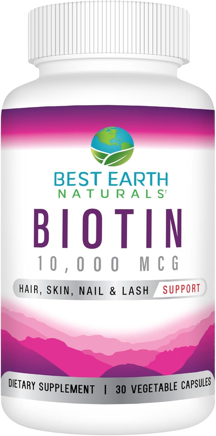 Extra Strength Biotin 10,000mcg for Hair Growth, Nails, Lashes & Skin - Best Earth Naturals Biotin Supplement