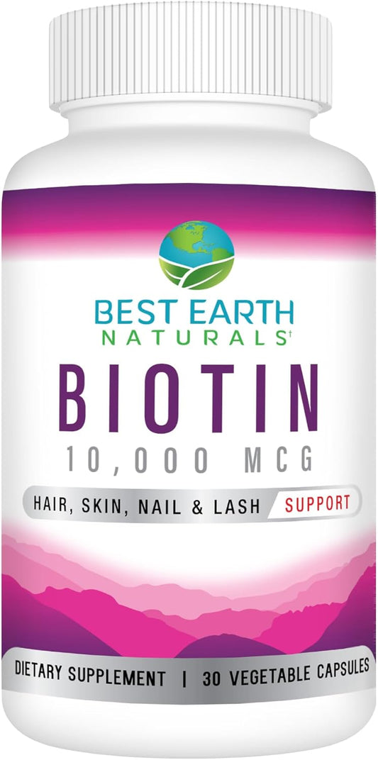 Extra Strength Biotin 10,000mcg for Hair Growth, Nails, Lashes & Skin - Best Earth Naturals Biotin Supplement