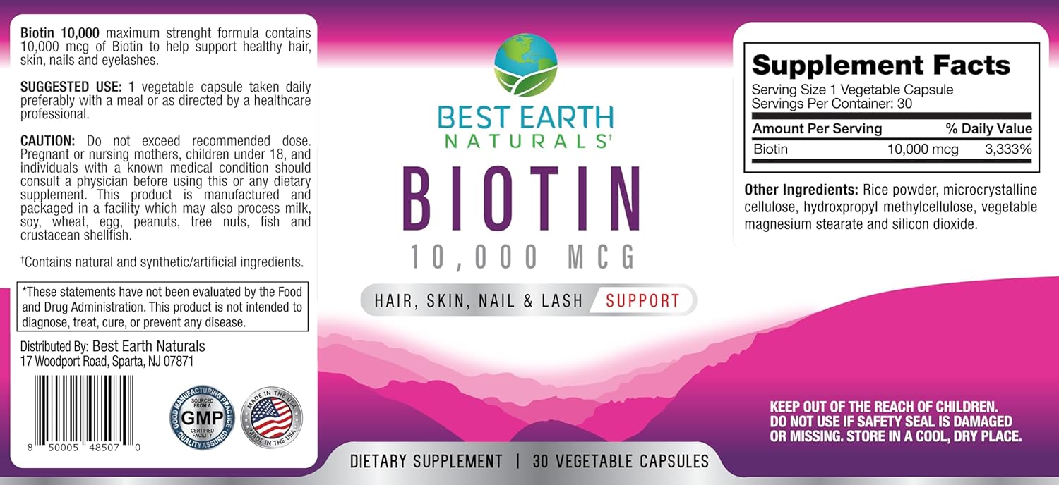 Extra Strength Biotin 10,000mcg for Hair Growth, Nails, Lashes & Skin - Best Earth Naturals Biotin Supplement
