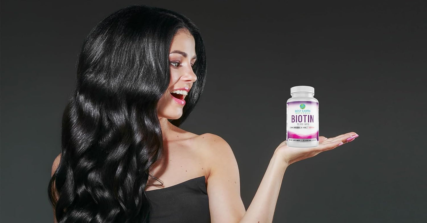 Extra Strength Biotin 10,000mcg for Hair Growth, Nails, Lashes & Skin - Best Earth Naturals Biotin Supplement