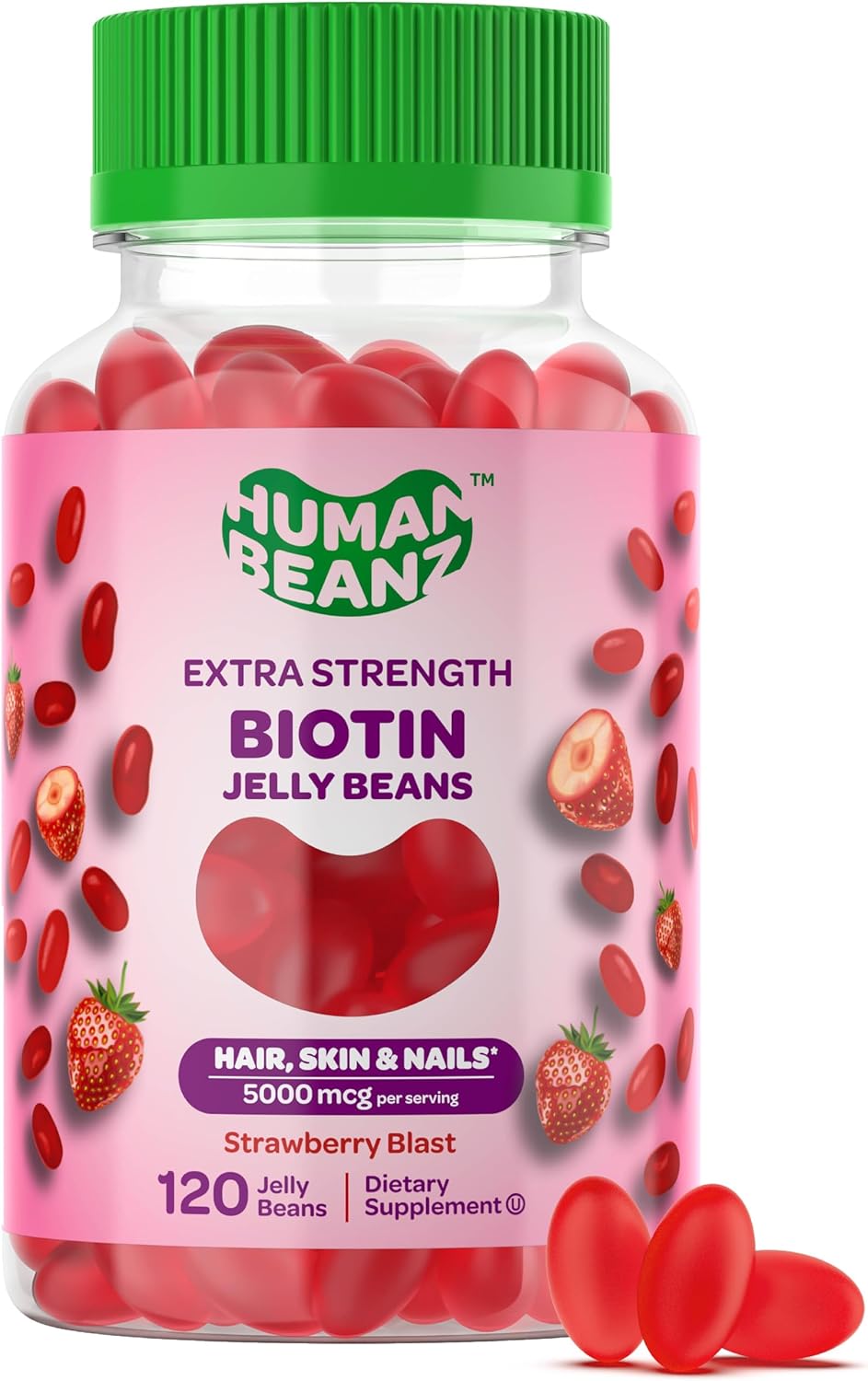 Extra Strength Biotin Gummy Vitamins for Hair, Skin, and Nails - 5000mcg, Hair Growth Supplement - 120 Strawberry Jelly Beans