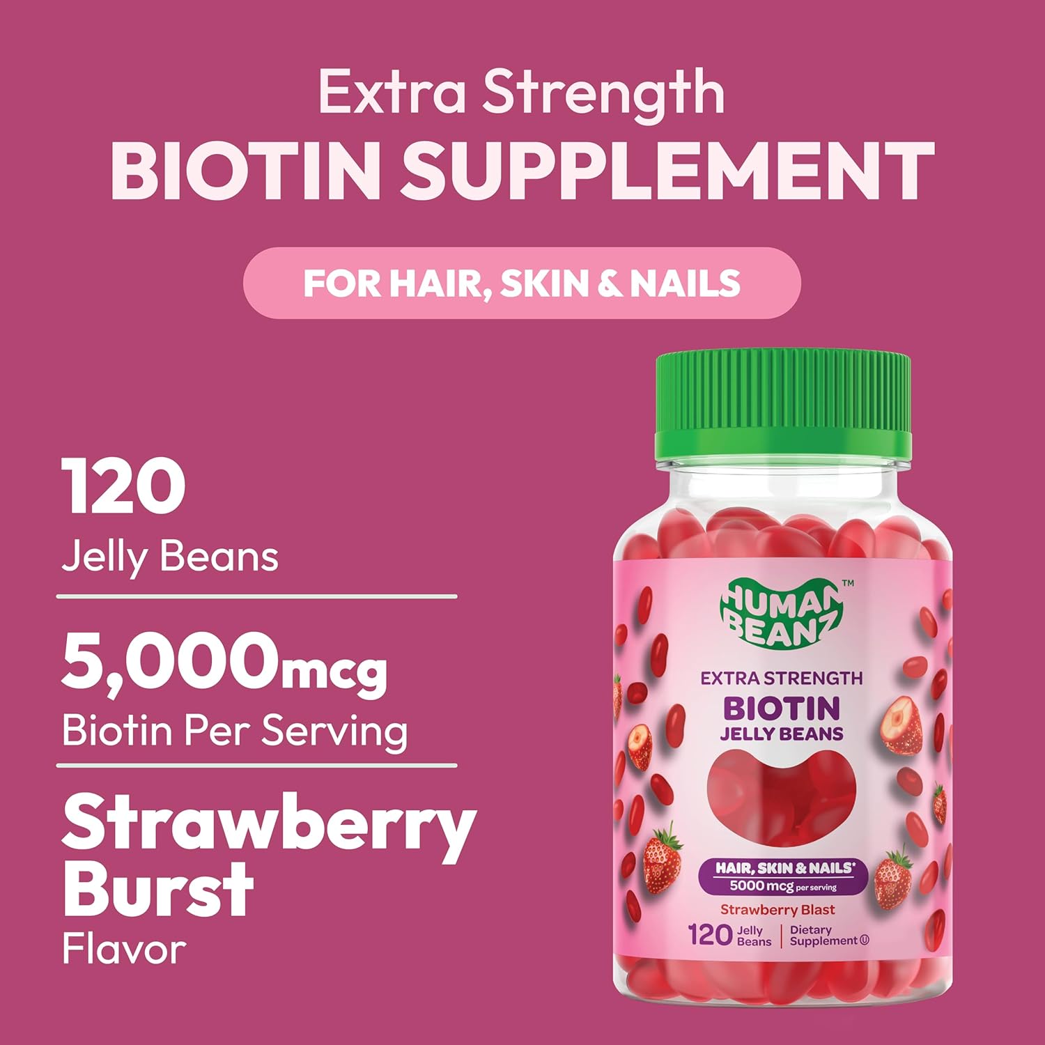 Extra Strength Biotin Gummy Vitamins for Hair, Skin, and Nails - 5000mcg, Hair Growth Supplement - 120 Strawberry Jelly Beans