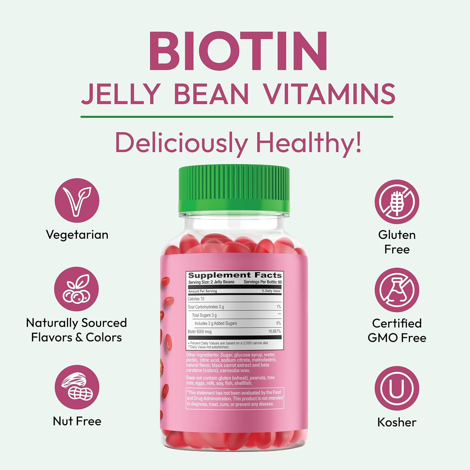 Extra Strength Biotin Gummy Vitamins for Hair, Skin, and Nails - 5000mcg, Hair Growth Supplement - 120 Strawberry Jelly Beans