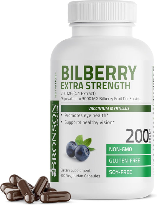 Extra Strength Bronson Bilberry Capsules - Supports Healthy Vision & Eye Health - Non GMO, 200 Vegetarian Capsules
