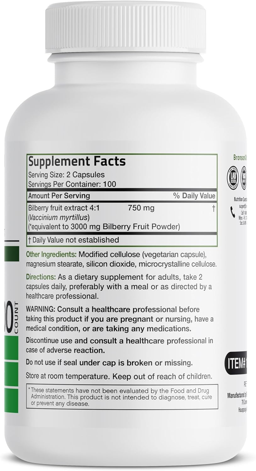 Extra Strength Bronson Bilberry Capsules - Supports Healthy Vision & Eye Health - Non GMO, 200 Vegetarian Capsules