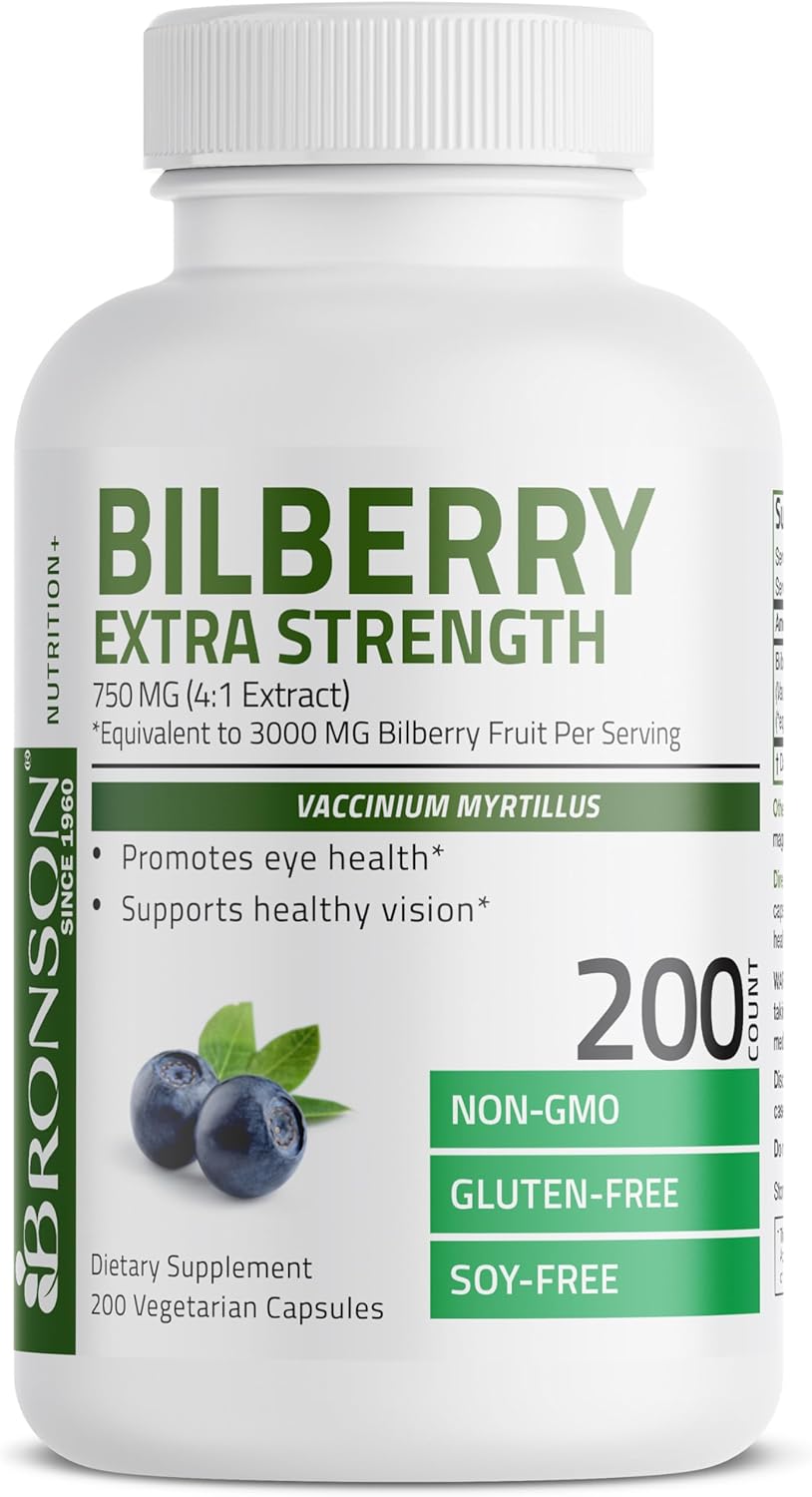 Extra Strength Bronson Bilberry Capsules - Supports Healthy Vision & Eye Health - Non GMO, 200 Vegetarian Capsules