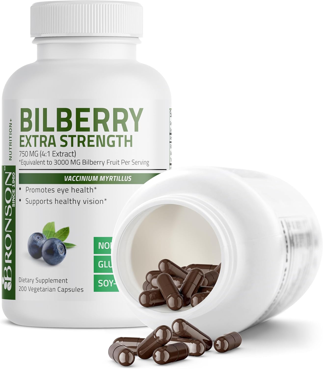 Extra Strength Bronson Bilberry Capsules - Supports Healthy Vision & Eye Health - Non GMO, 200 Vegetarian Capsules