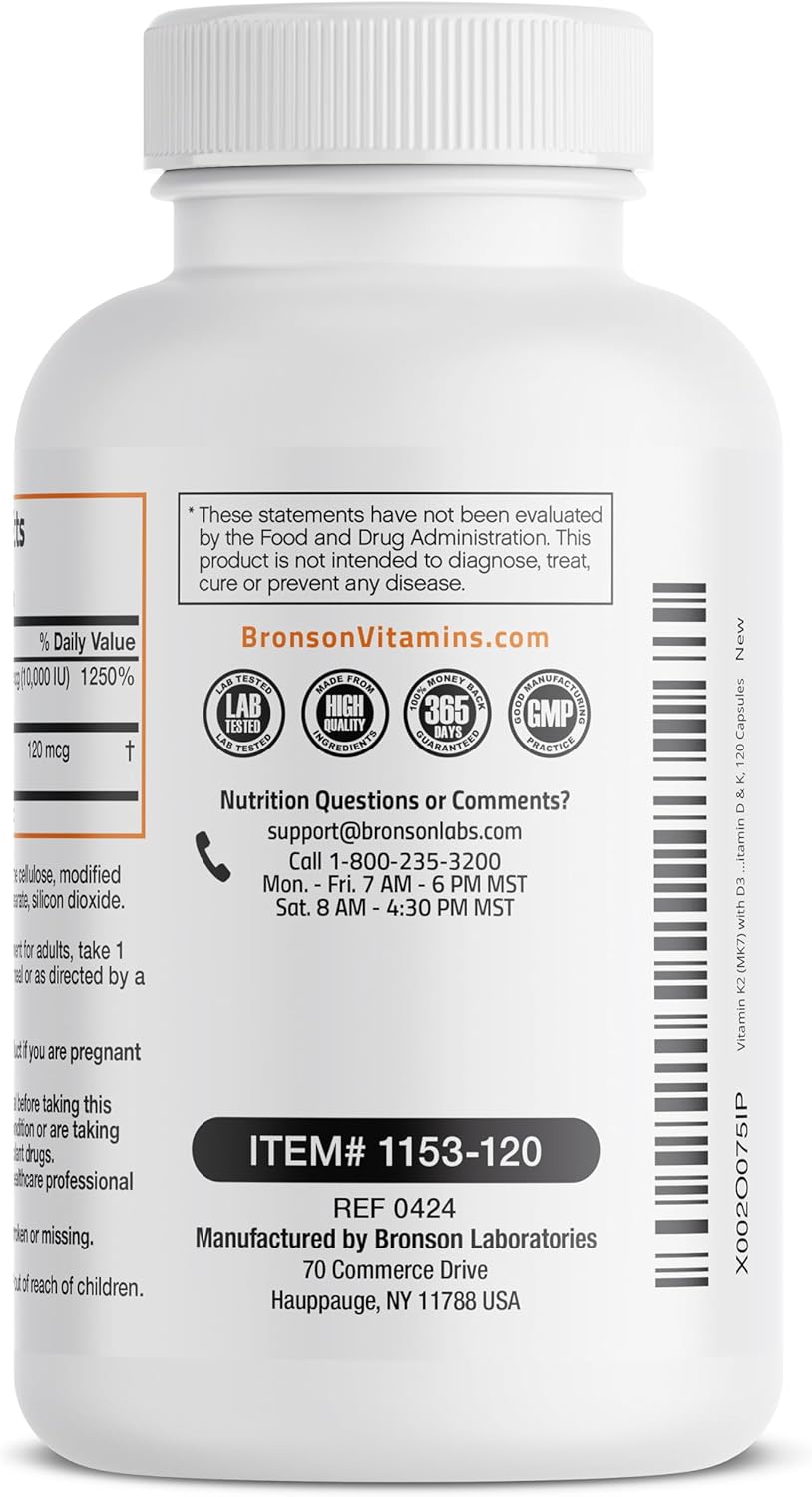 Extra Strength Bronson Vitamin K2 (MK-7) & D3 Supplement for Bone & Heart Health - Non-GMO Formula with 10,000 IU D3 & 120 mcg K2 MK-7 - Easy to Swallow Capsules - 120 Count
