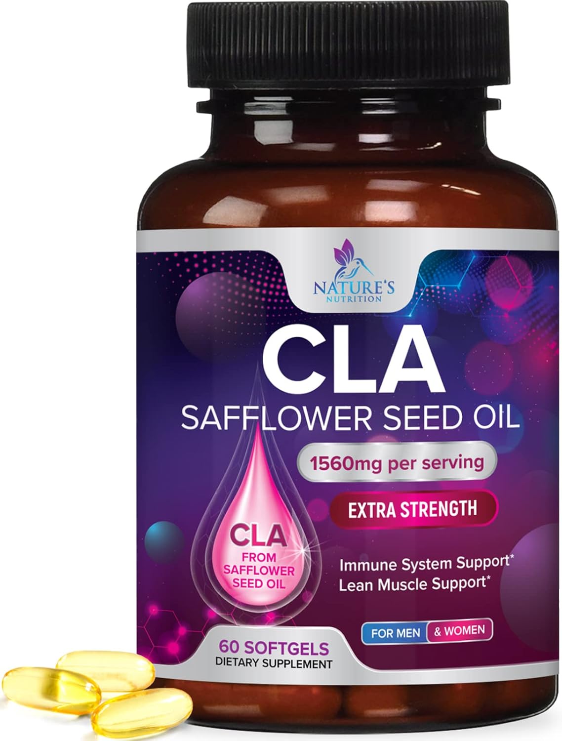 Extra Strength CLA Supplement 1560mg - Lean Muscle & Energy Support - Safflower Capsules - 60 Softgels