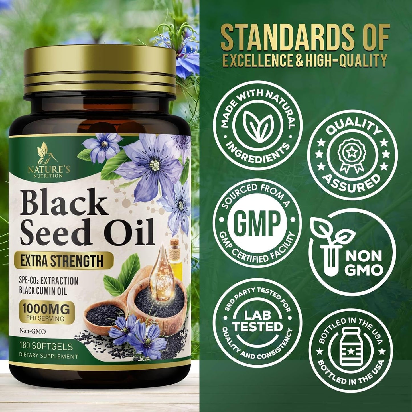 Extra Strength Cold Pressed Black Seed Oil Softgels - 1000mg Pure Nigella Sativa Supplement for Skin & Immune Support - Non-GMO Antioxidant - 180 Softgels