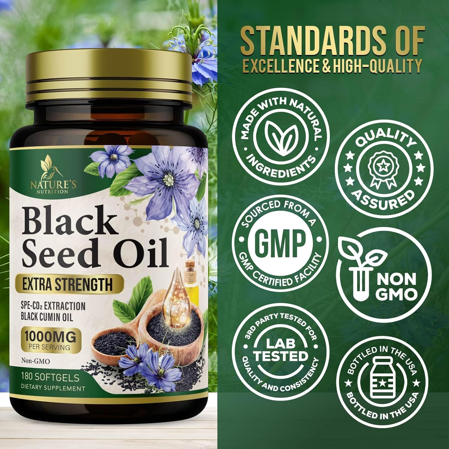 Extra Strength Cold Pressed Black Seed Oil Softgels - 1000mg Pure Nigella Sativa Supplement for Skin & Immune Support - Non-GMO Antioxidant - 180 Softgels