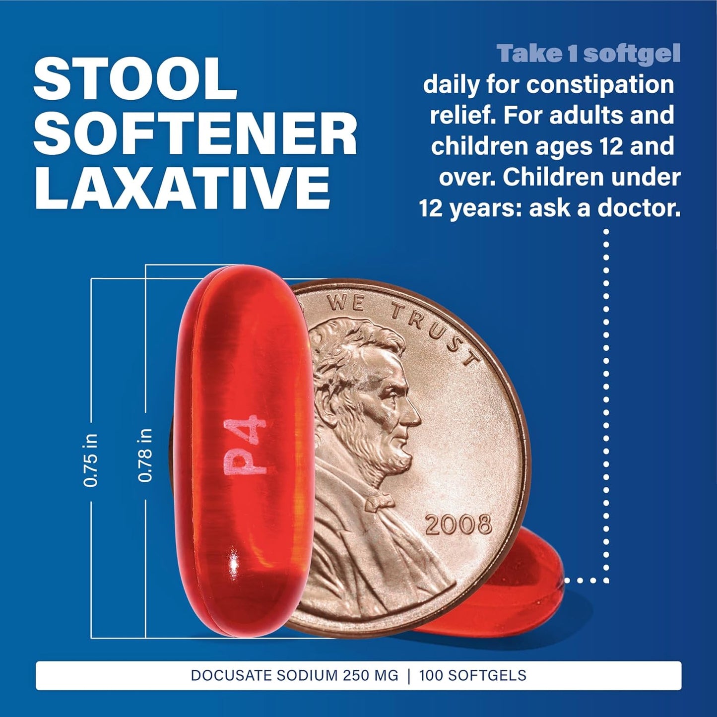 Extra Strength Docusate Sodium 250mg Softgels for Constipation Relief - Gentle Laxative for Women, Men, and Kids - 100 Softgels