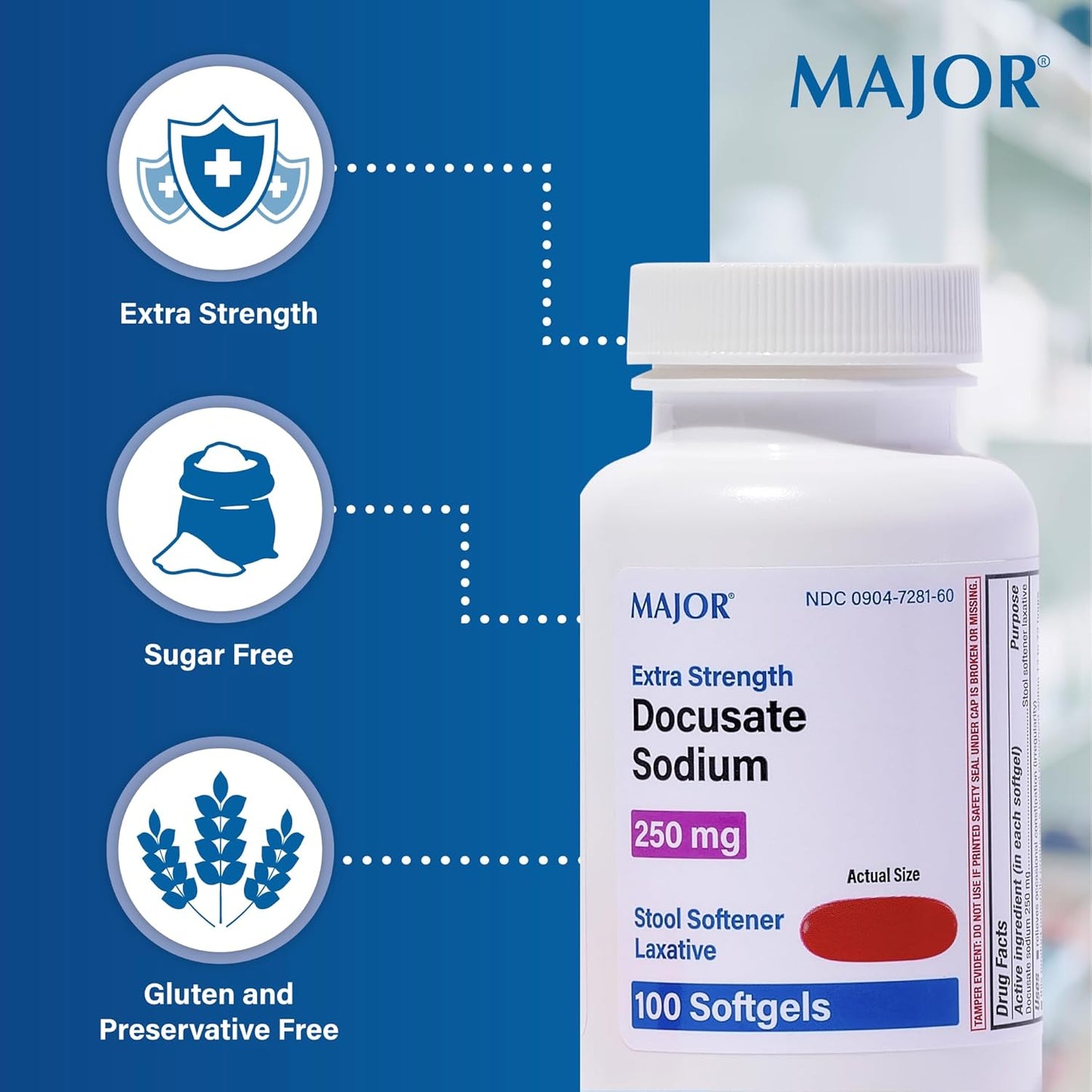 Extra Strength Docusate Sodium 250mg Softgels for Constipation Relief - Gentle Laxative for Women, Men, and Kids - 100 Softgels