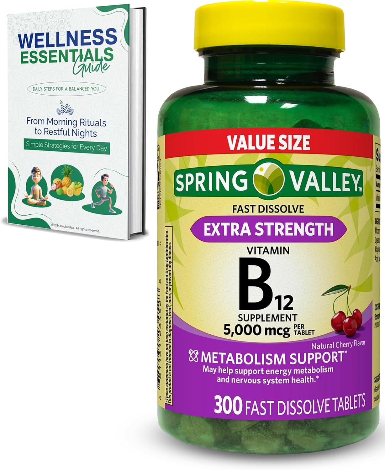 Extra Strength Fast Dissolve Vitamin B12 Tablets - Natural Cherry Flavor - 5000 mcg - 300 Count - Metabolism & Energy Support