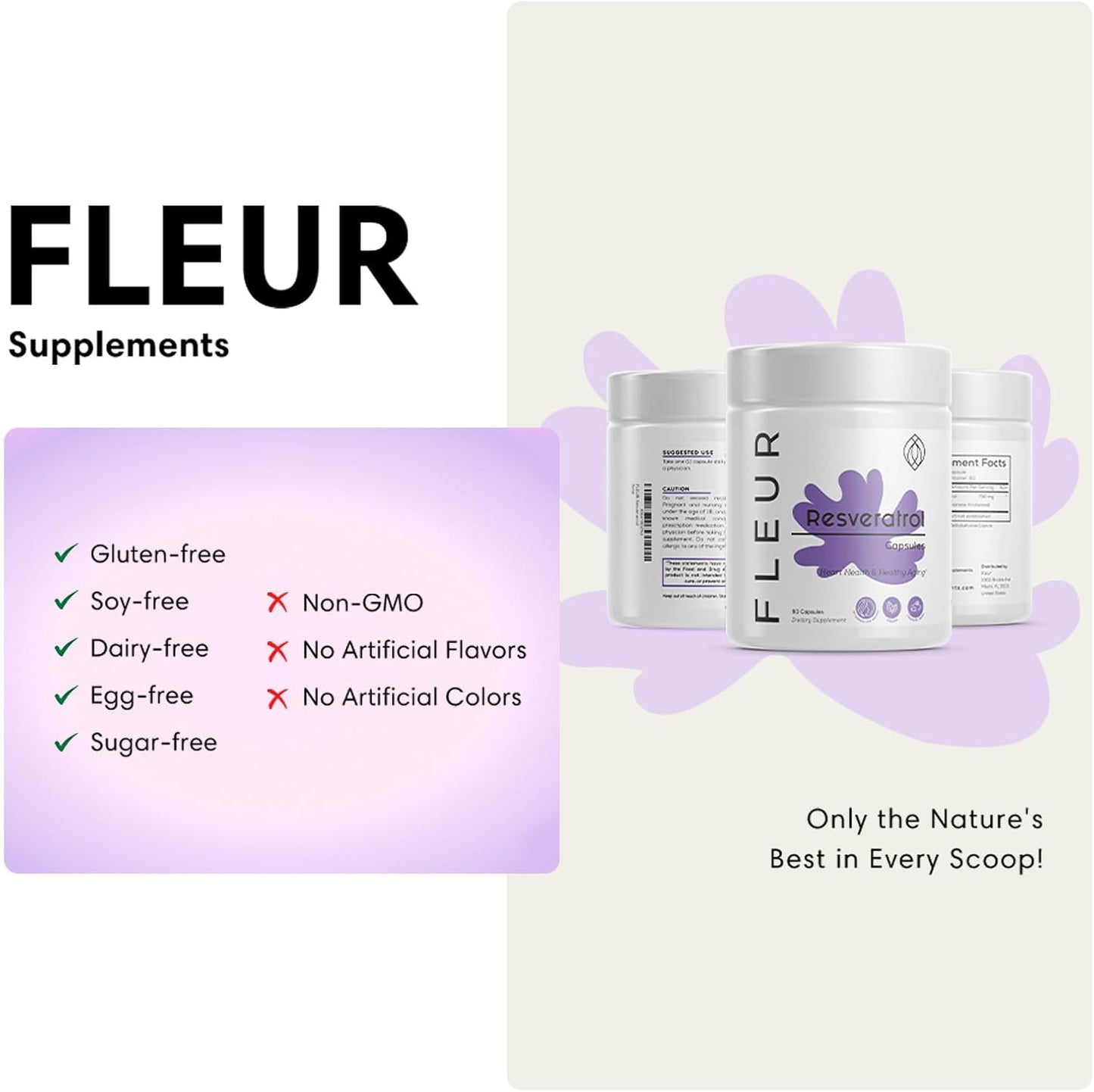 Extra Strength FLEUR Resveratrol Supplement for Immune Support, Antioxidant, Youthful Aging, Cardiovascular, Joints, Brain - 750mg, 60Ct