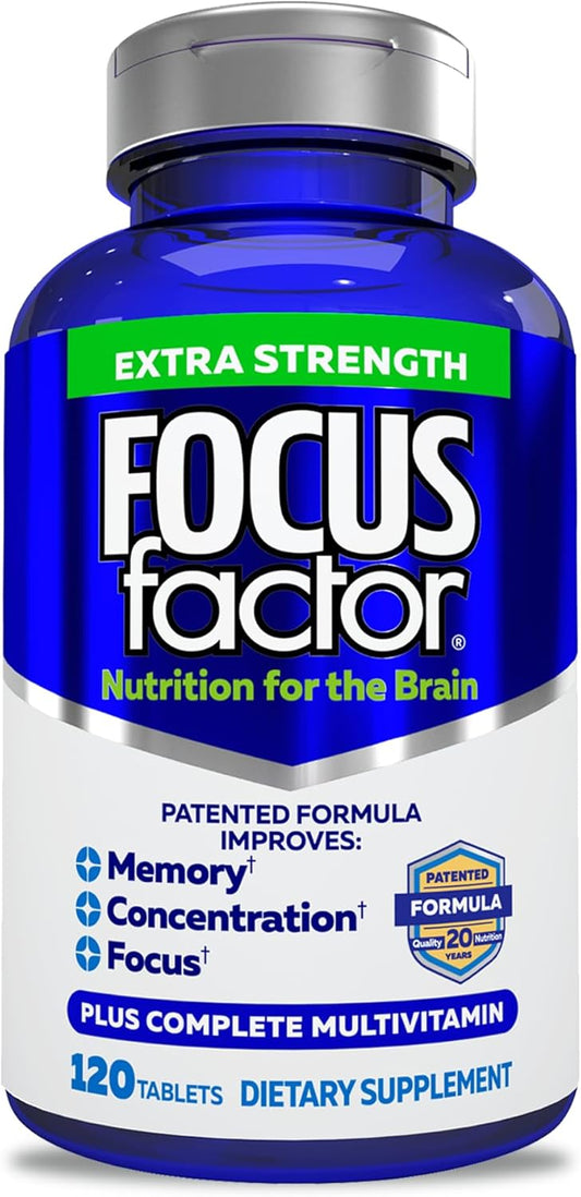 Extra Strength Focus Factor Adults Brain Supplement - 120 Count Multivitamin with DMAE, Vitamin D, DHA - Memory, Concentration, Focus - Trusted Health Vitamins