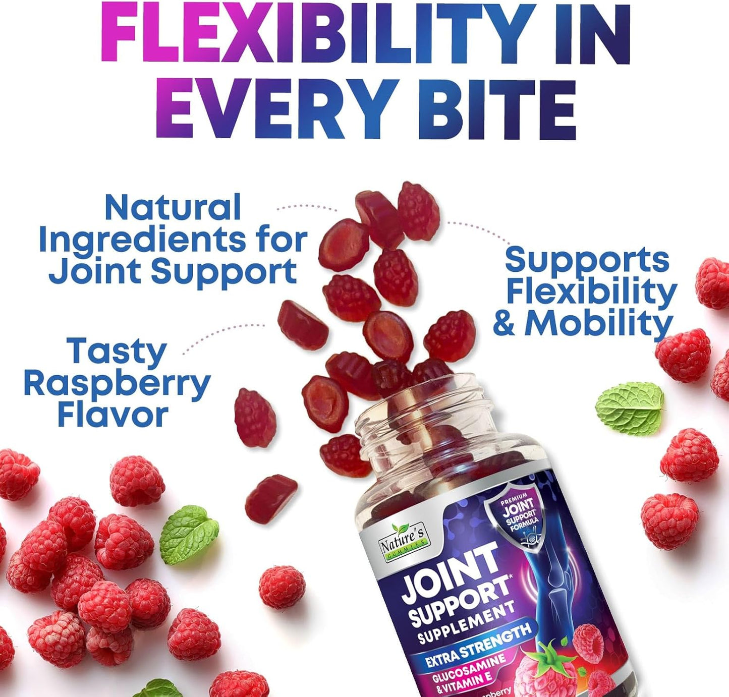 Extra Strength Glucosamine Joint Support Gummies with Vitamin E - Supports Joint Health & Flexibility for Women & Men - 60 Gummies