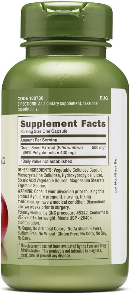 Extra Strength GNC Herbal Plus Grape Seed Extract 500mg - 60 Capsules for Antioxidant Support