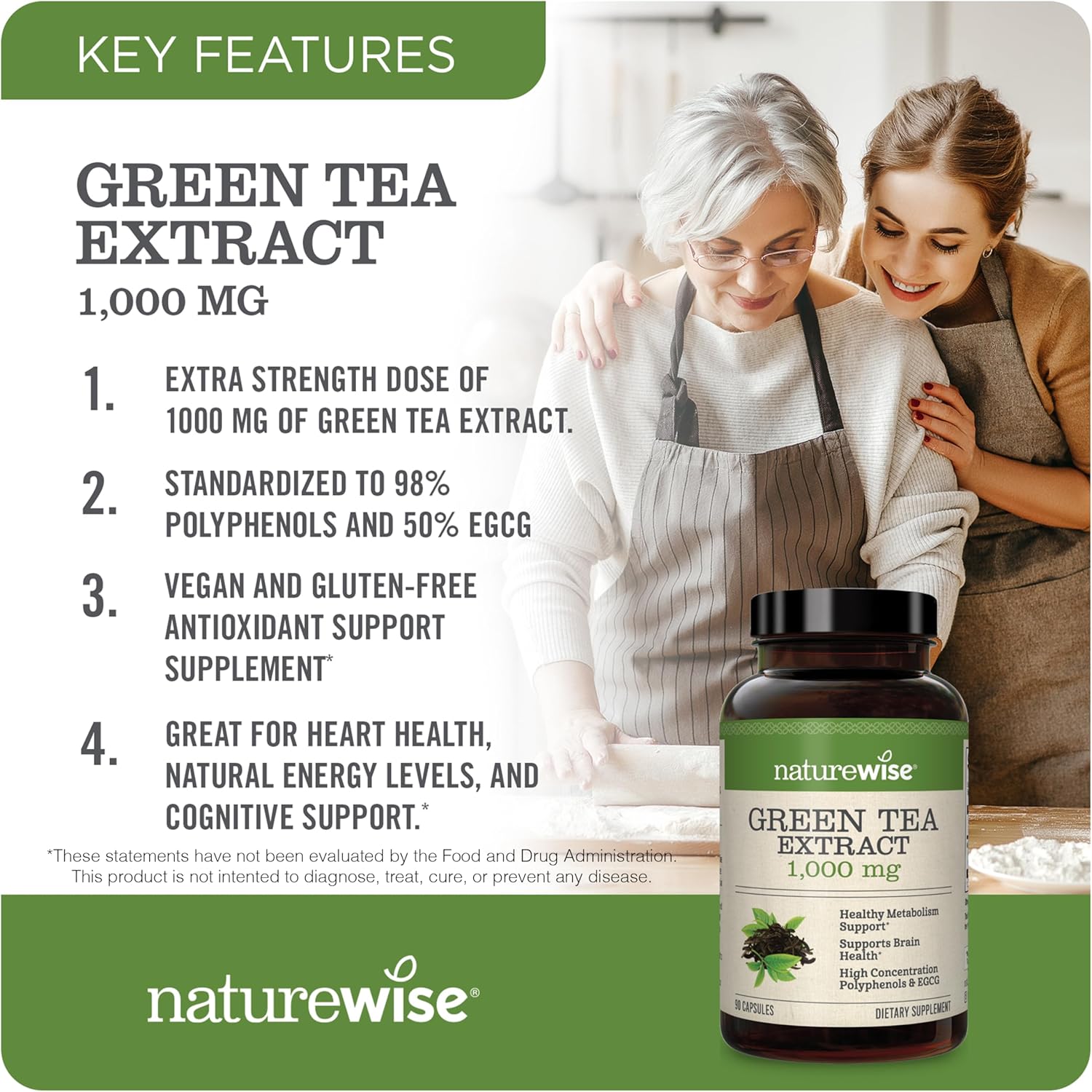 Extra Strength Green Tea Extract Capsules 1000mg - Rich in Antioxidants for Heart Health - Vegan & Gluten Free - 120 Count