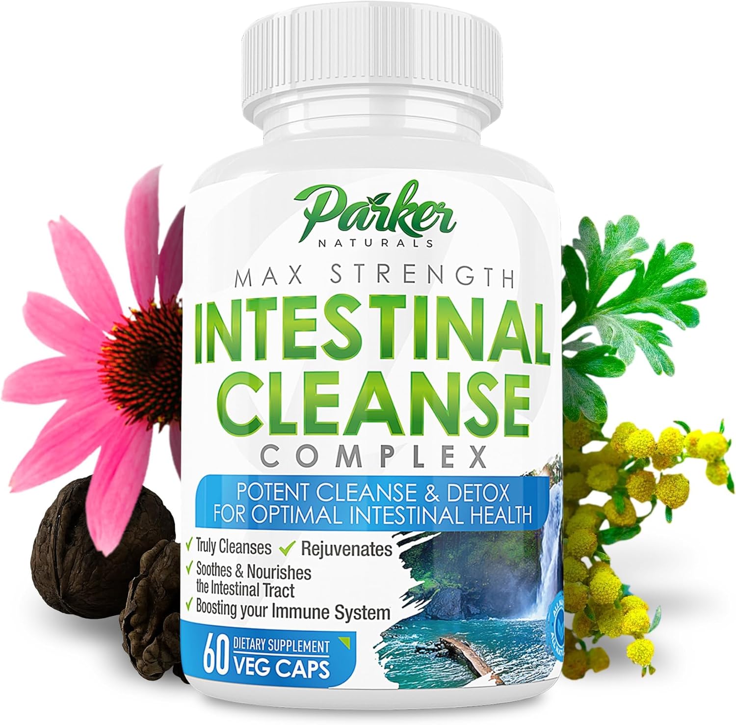 Extra Strength Intestinal Cleanse Capsules for Adults with Black Walnut Hull, Wormwood, and Echinacea - 60 Daily Detox Pills by Parker Naturals