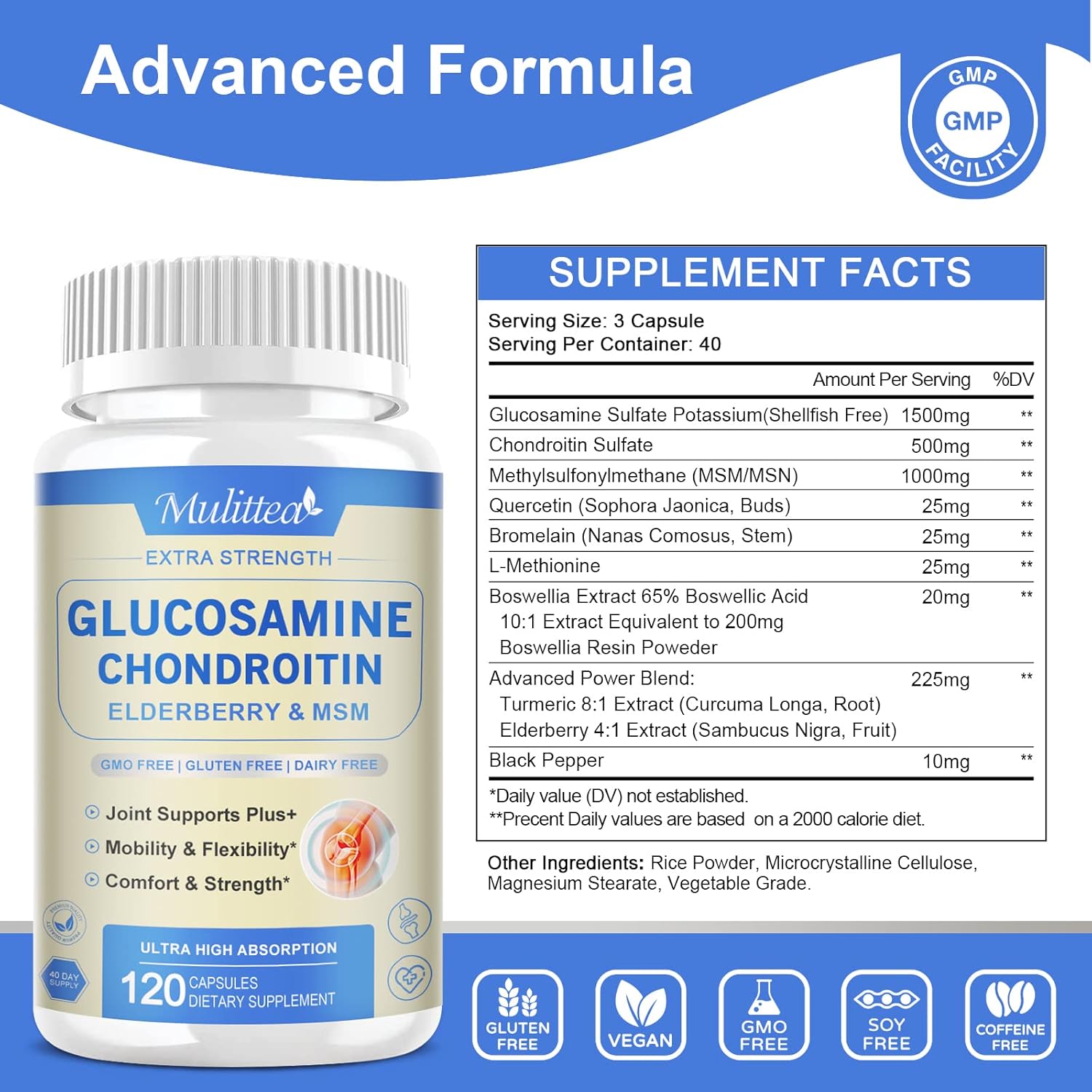 Extra Strength Joint Support Capsules with Glucosamine, Chondroitin, MSM, Elderberry, Boswellia, and Turmeric - Natural Supplement for Men & Women, Antioxidant and Immune Support, Helps with Inflammation