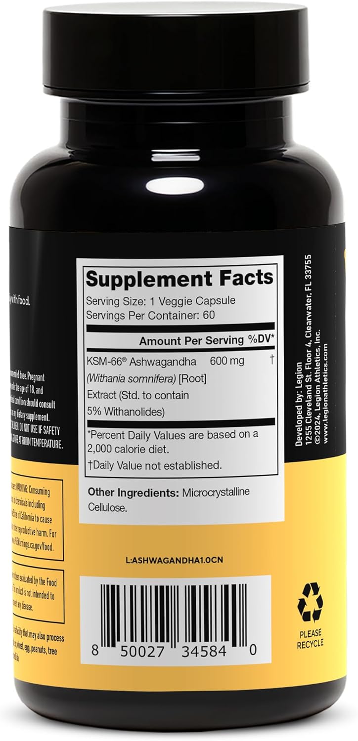 Extra Strength LEGION KSM-66® Ashwagandha Root Extract Powder Supplement - Enhance Mood, Sleep, & Performance - 60 Servings