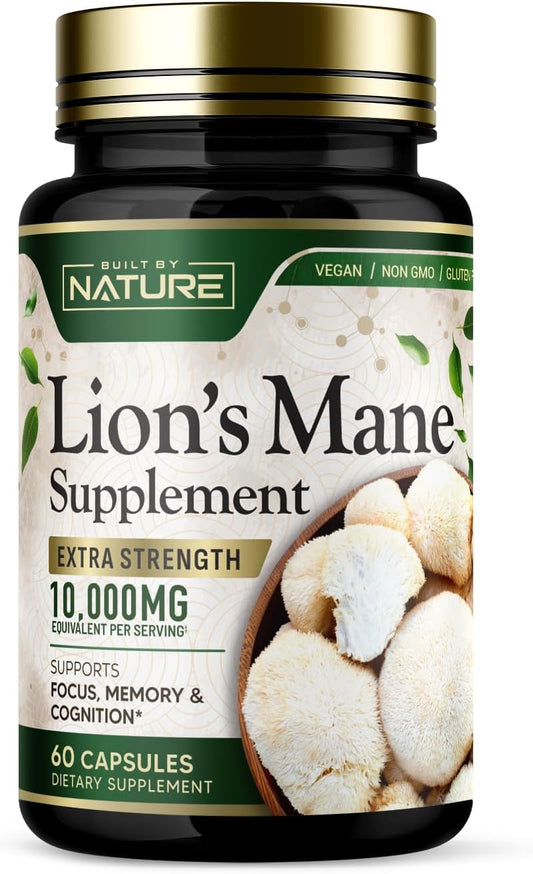 Extra Strength Lion's Mane Mushroom Supplement 10,000mg - Nootropic Brain Support for Focus, Memory, Cognitive Function - Non-GMO, Gluten-Free, Vegan - 60 Capsules