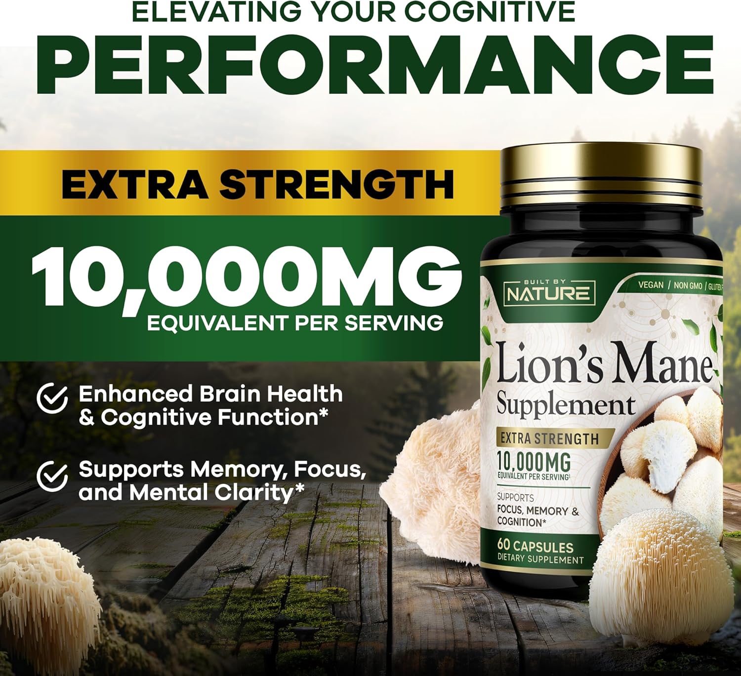 Extra Strength Lion's Mane Mushroom Supplement 10,000mg - Nootropic Brain Support for Focus, Memory, Cognitive Function - Non-GMO, Gluten-Free, Vegan - 60 Capsules