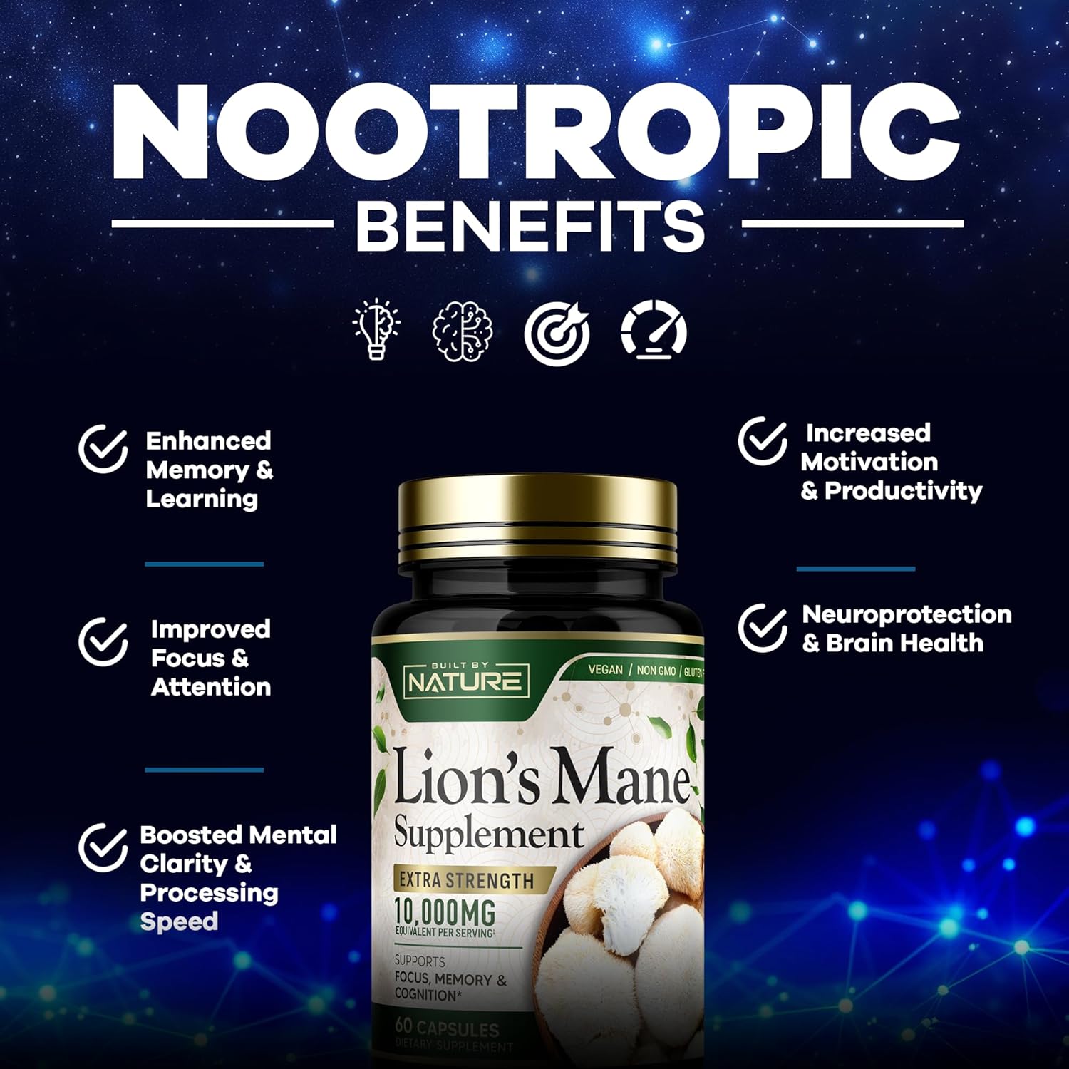 Extra Strength Lion's Mane Mushroom Supplement 10,000mg - Nootropic Brain Support for Focus, Memory, Cognitive Function - Non-GMO, Gluten-Free, Vegan - 60 Capsules