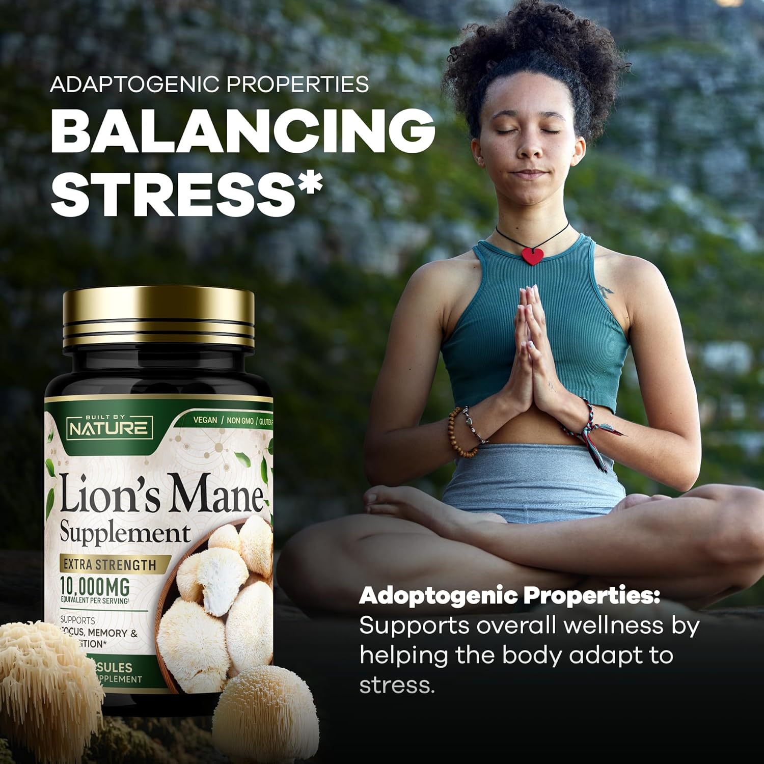 Extra Strength Lion's Mane Mushroom Supplement 10,000mg - Nootropic Brain Support for Focus, Memory, Cognitive Function - Non-GMO, Gluten-Free, Vegan - 60 Capsules
