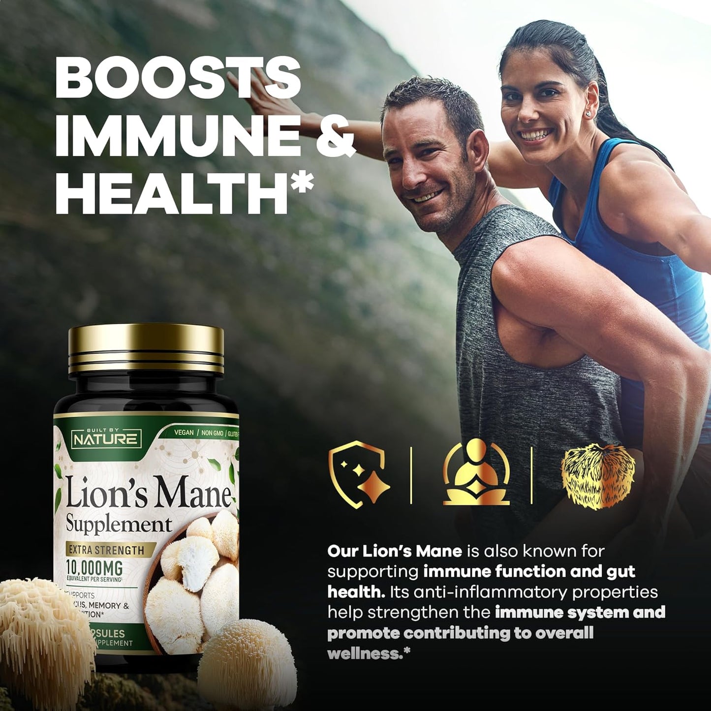 Extra Strength Lion's Mane Mushroom Supplement 10,000mg - Nootropic Brain Support for Focus, Memory, Cognitive Function - Non-GMO, Gluten-Free, Vegan - 60 Capsules