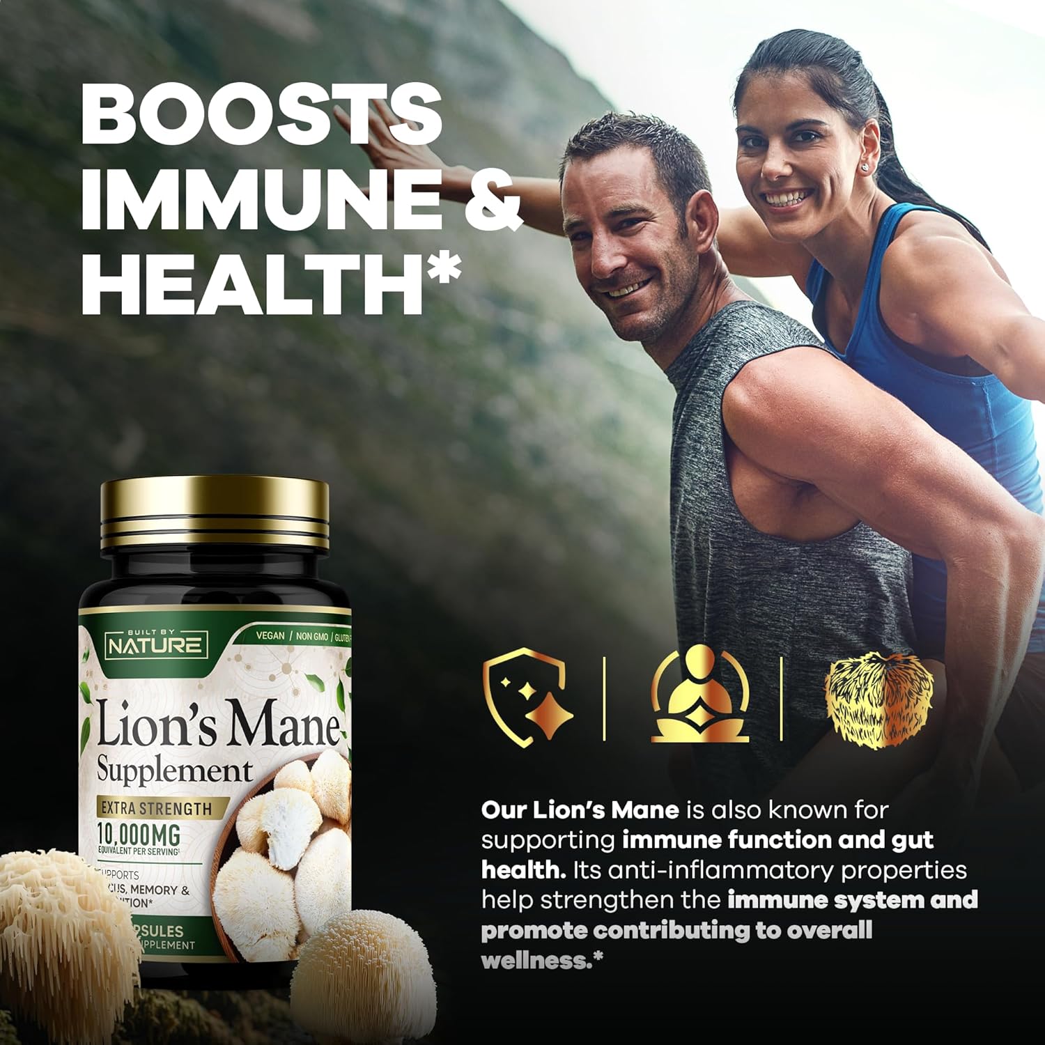 Extra Strength Lion's Mane Mushroom Supplement 10,000mg - Nootropic Brain Support for Focus, Memory, Cognitive Function - Non-GMO, Gluten-Free, Vegan - 60 Capsules