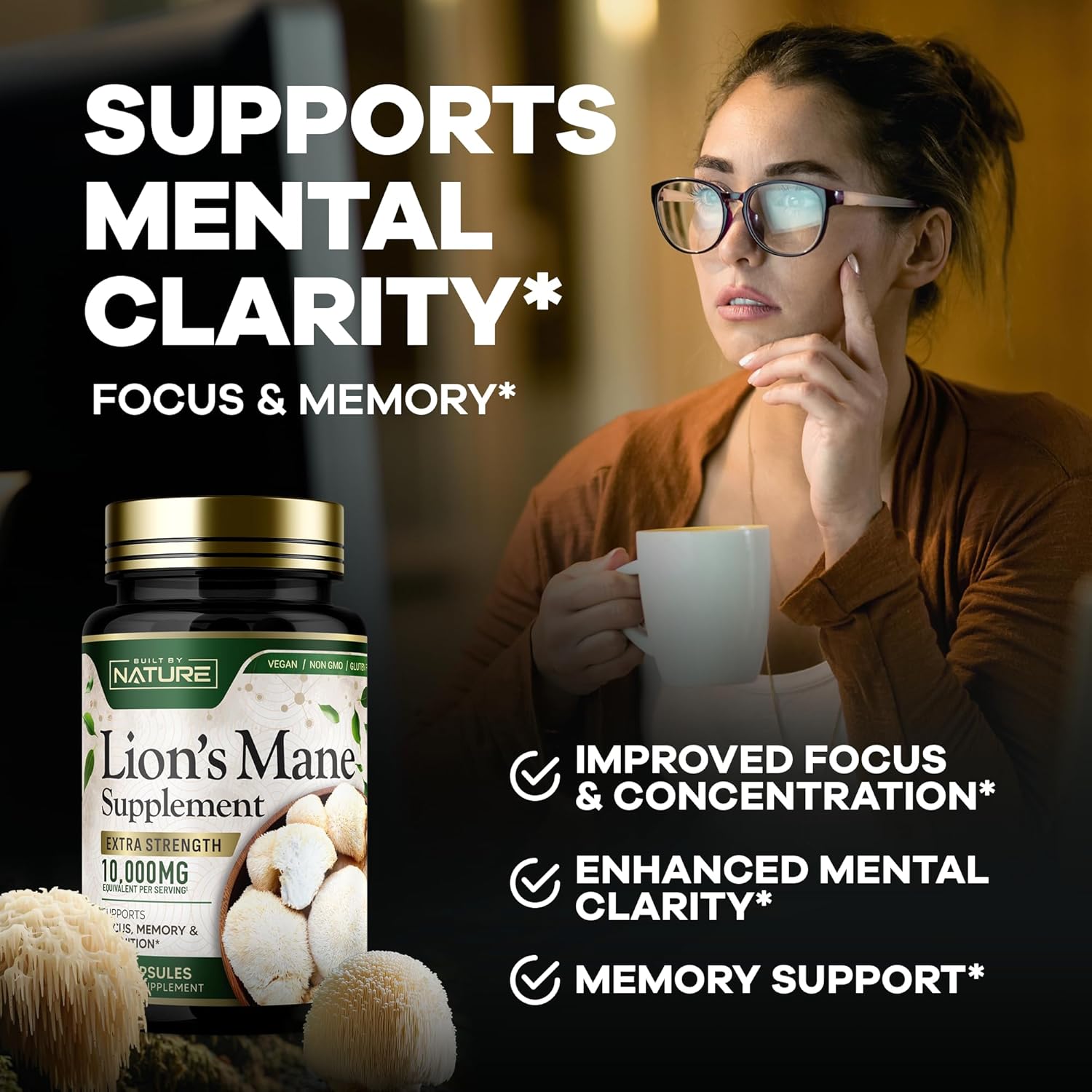 Extra Strength Lion's Mane Mushroom Supplement 10,000mg - Nootropic Brain Support for Focus, Memory, Cognitive Function - Non-GMO, Gluten-Free, Vegan - 60 Capsules
