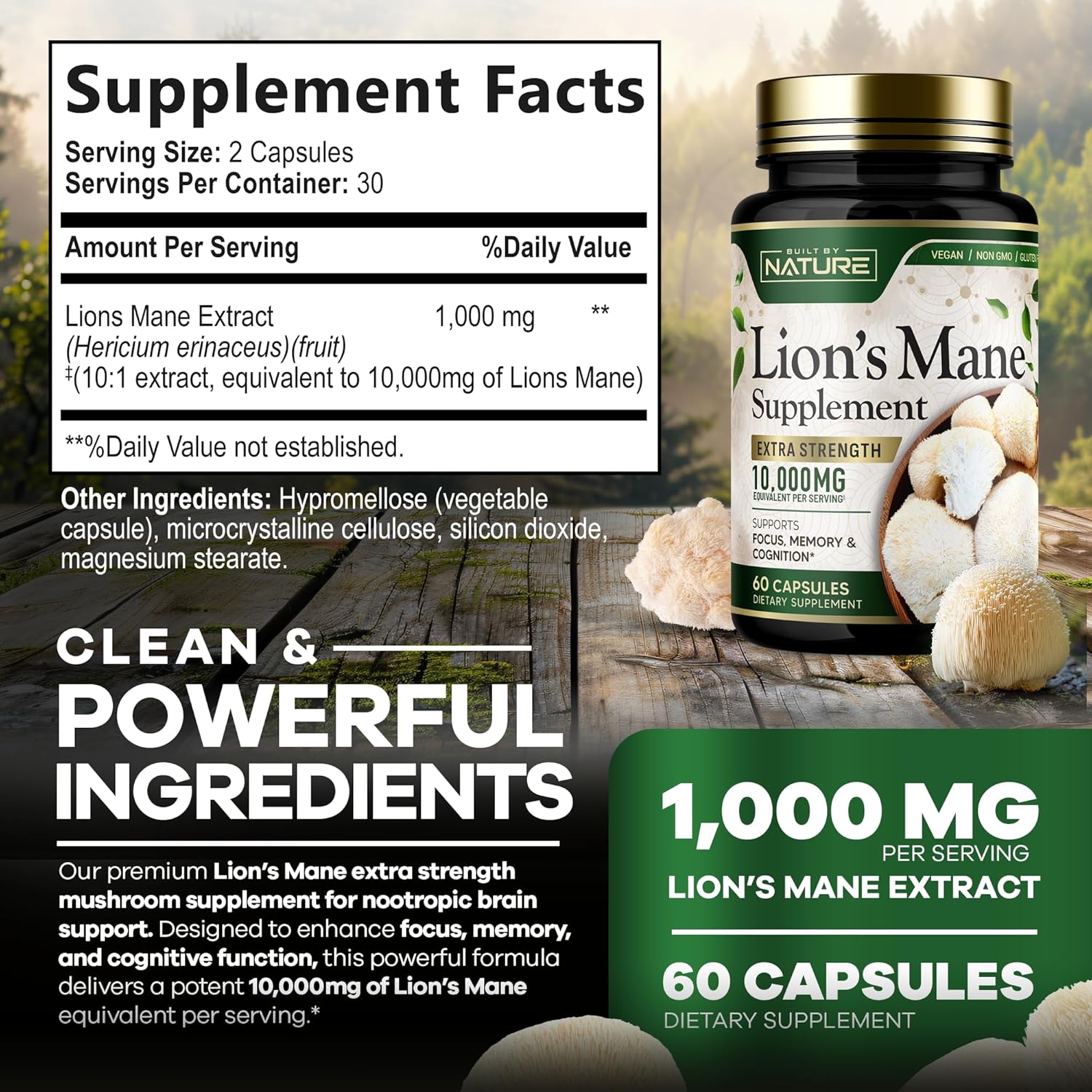 Extra Strength Lion's Mane Mushroom Supplement 10,000mg - Nootropic Brain Support for Focus, Memory, Cognitive Function - Non-GMO, Gluten-Free, Vegan - 60 Capsules