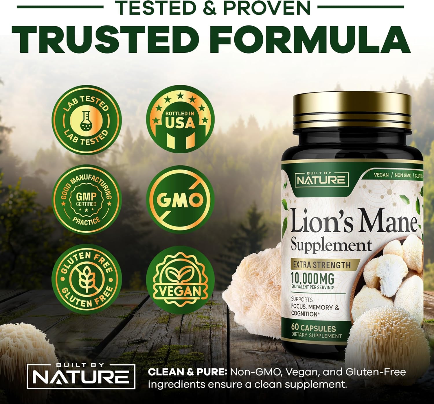 Extra Strength Lion's Mane Mushroom Supplement 10,000mg - Nootropic Brain Support for Focus, Memory, Cognitive Function - Non-GMO, Gluten-Free, Vegan - 60 Capsules