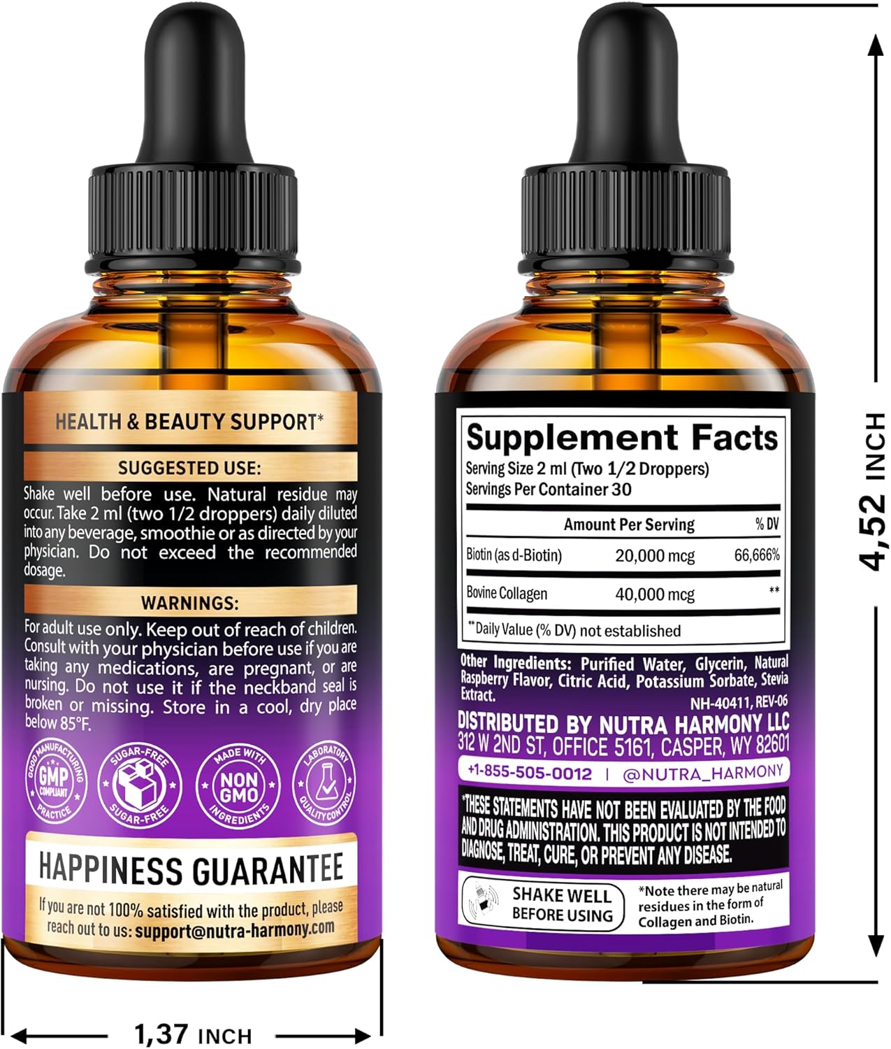 Extra Strength Liquid Biotin & Collagen Drops for Hair Growth - 60000 mcg B7 Supplement - Fast Absorption - Strong Nails & Skin - Men & Women