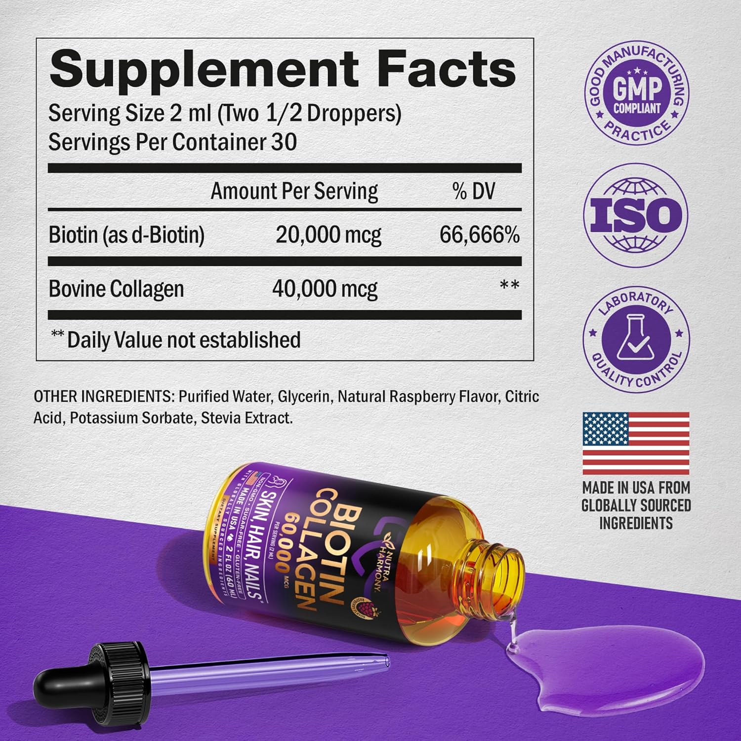 Extra Strength Liquid Biotin & Collagen Drops for Hair Growth - 60000 mcg B7 Supplement - Fast Absorption - Strong Nails & Skin - Men & Women