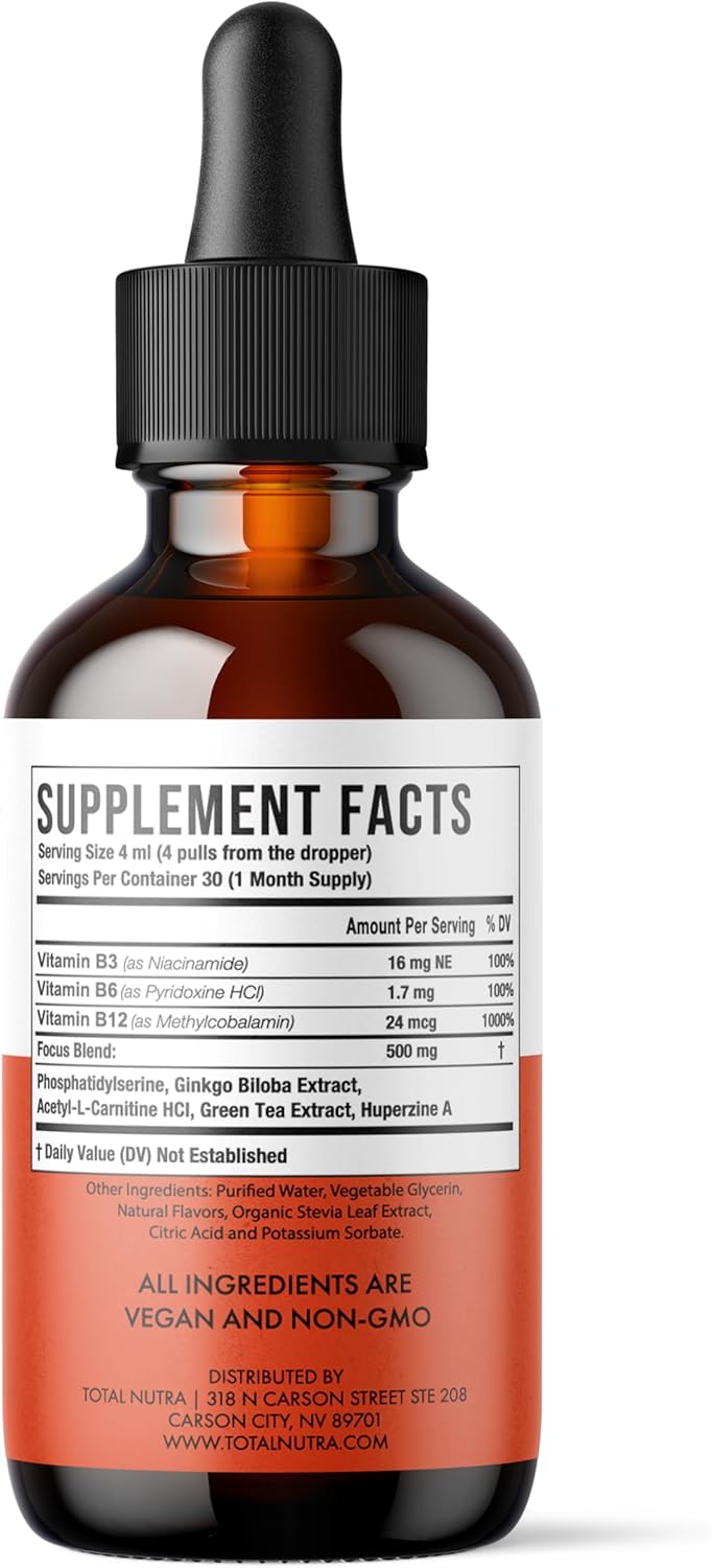 Extra Strength Liquid Vitamin B12 Drops with B6 and B3 - Vegan & Non GMO - Instant Energy Boost, Focus, Metabolism Support - Green Tea, Carnitine, Ginkgo Biloba - Alternative to B Complex Capsules
