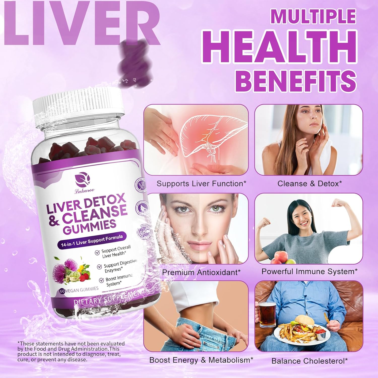 Extra Strength Lukaree Liver Cleanse Detox Gummies - 14-in-1 Liver Support with Milk Thistle, Dandelion, Artichoke, and Elderberry - No Sugar - 120 Count