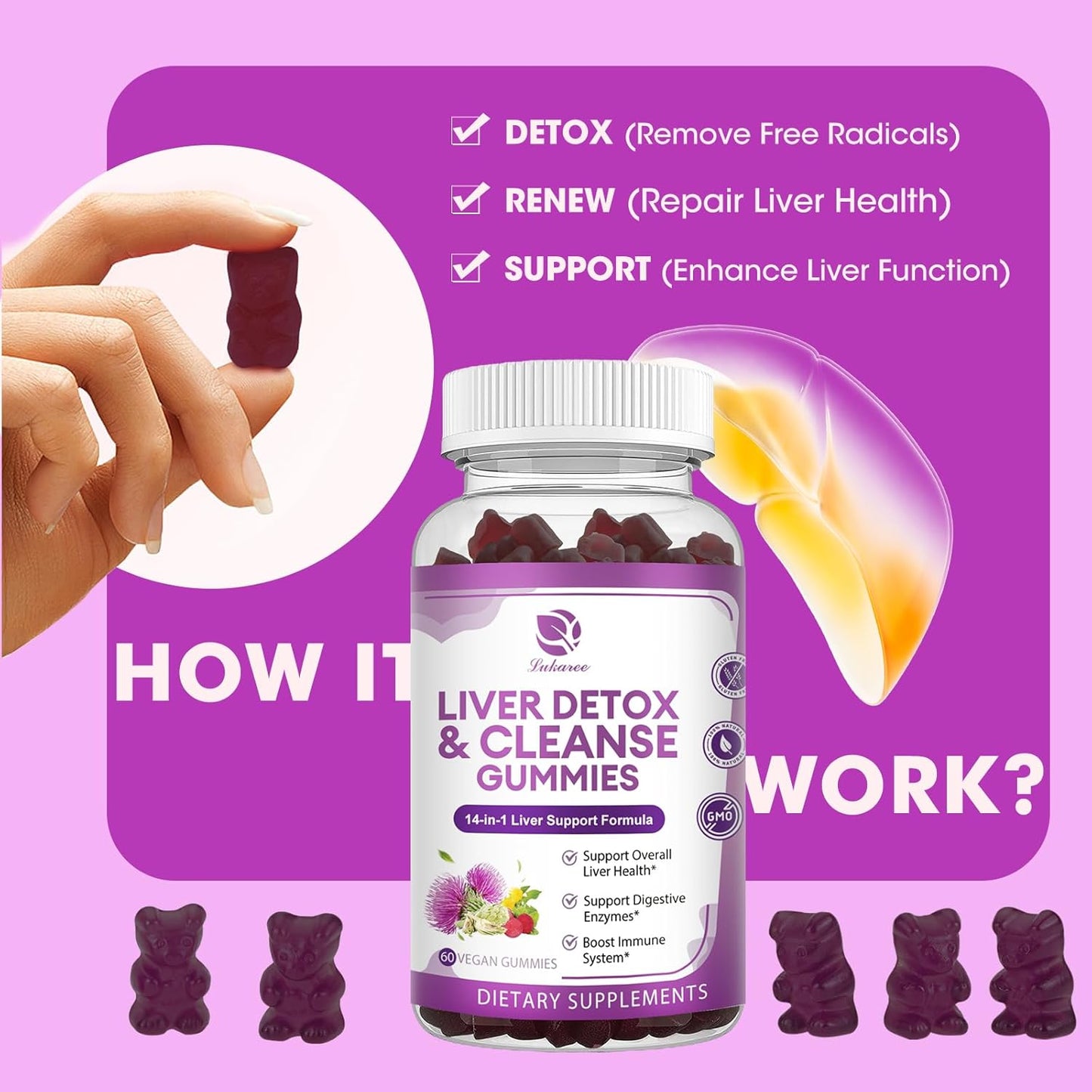 Extra Strength Lukaree Liver Cleanse Detox Gummies - 14-in-1 Liver Support with Milk Thistle, Dandelion, Artichoke, and Elderberry - No Sugar - 120 Count