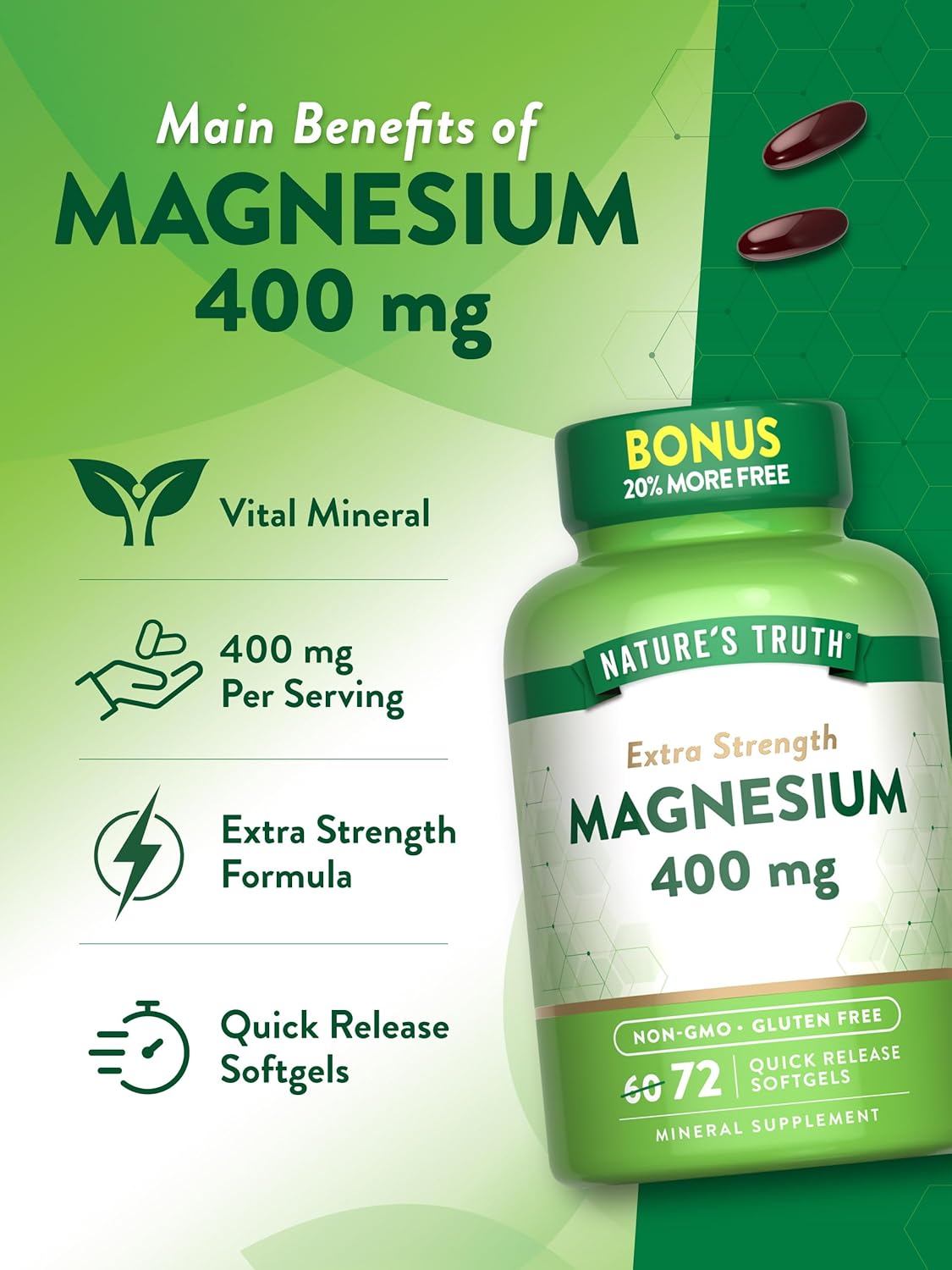 Extra Strength Magnesium Oxide Softgels - 400mg, 72 Count - Non-GMO & Gluten Free - Value Size by Nature's Truth