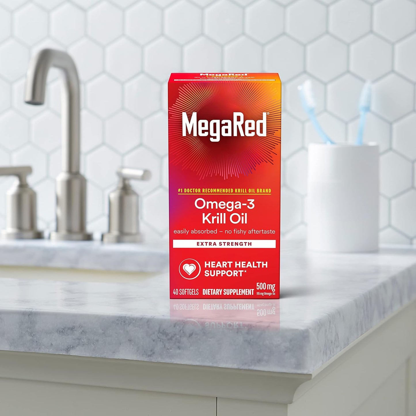 Extra Strength MegaRed Omega-3 Krill Oil Softgels (40 Count) - No Fishy Aftertaste, 500mg Omega-3