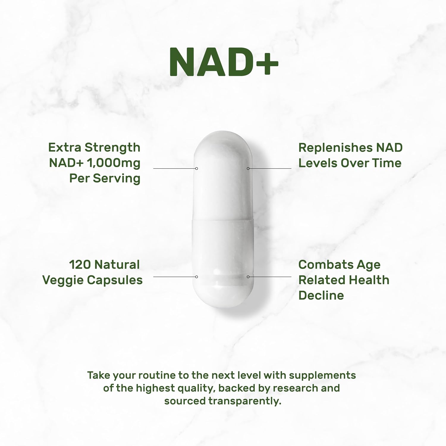 Extra Strength NAD+ Supplement 1,000mg - 120 Veggie Capsules for Healthy Aging & Energy Boost - Non-GMO NAD Booster with Brain Support
