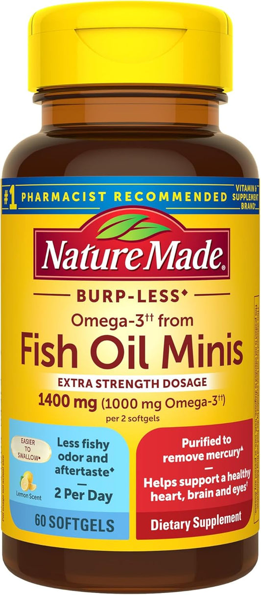 Extra Strength Nature Made Omega-3 Fish Oil 1400 mg Minis, Ethyl Esters for Heart, Brain, and Eye Support - 60 Softgels