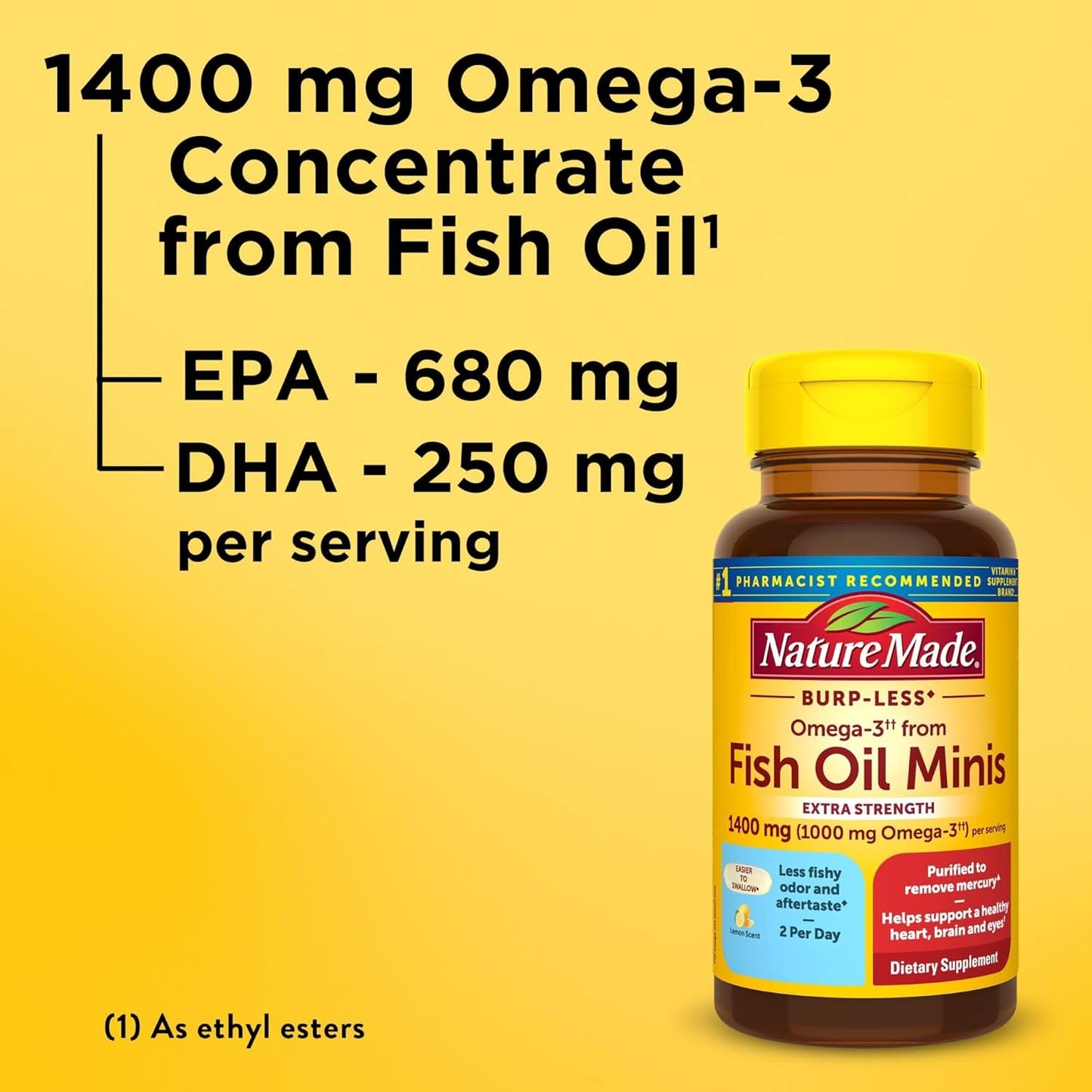 Extra Strength Nature Made Omega-3 Fish Oil 1400 mg Minis, Ethyl Esters for Heart, Brain, and Eye Support - 60 Softgels
