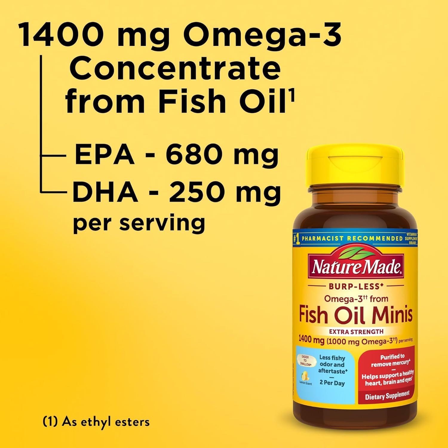 Extra Strength Nature Made Omega-3 Fish Oil 1400 mg Minis, Ethyl Esters for Heart, Brain, and Eye Support - 60 Softgels