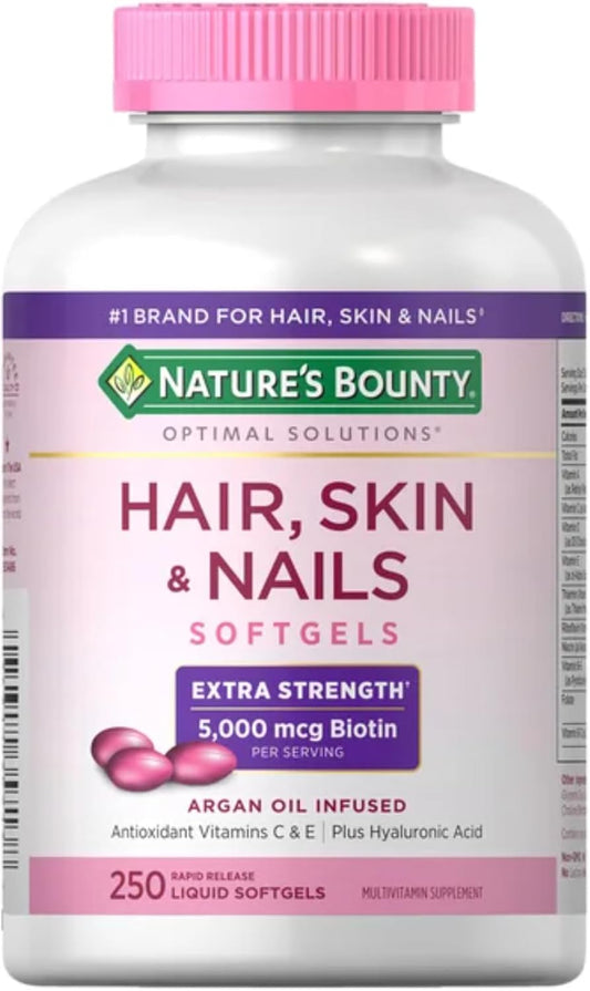 Extra Strength Nature's Bounty Hair Skin and Nails with 5000 mcg Biotin - 250 Coated Tablets for Healthy Hair, Skin, and Nails