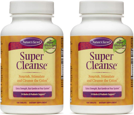 Extra Strength Nature's Secret Super Cleanse for Gentle Detox & Colon Health - 14 Herb Blend with Probiotics - 100 Tablets x 2 Pack