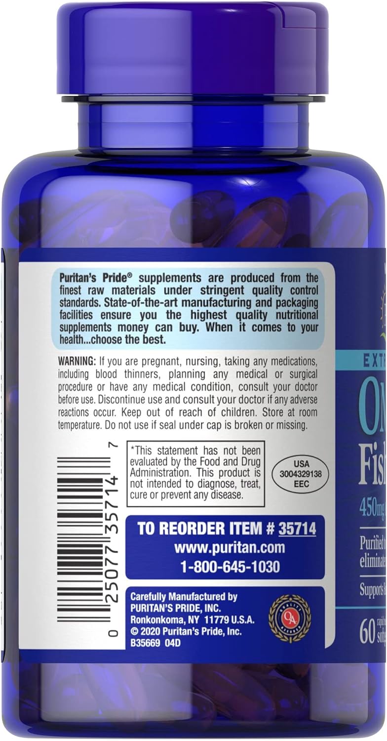 Extra Strength Omega-3 Fish Oil Softgels, 60 Count - Puritan's Pride, 1500 Mg with 450 Mg Active Omega-3