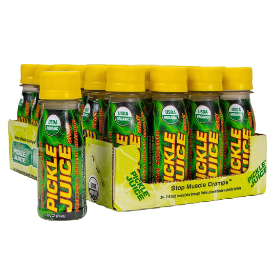 Extra Strength Pickle Juice Shots for Immediate Leg Cramp Relief - 24 Pack of Electrolyte Sports Drink Shots - 2.5 oz Day & Night Cramp Relief